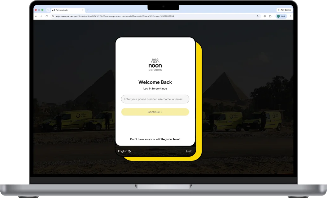 noon partners login screen on a laptop